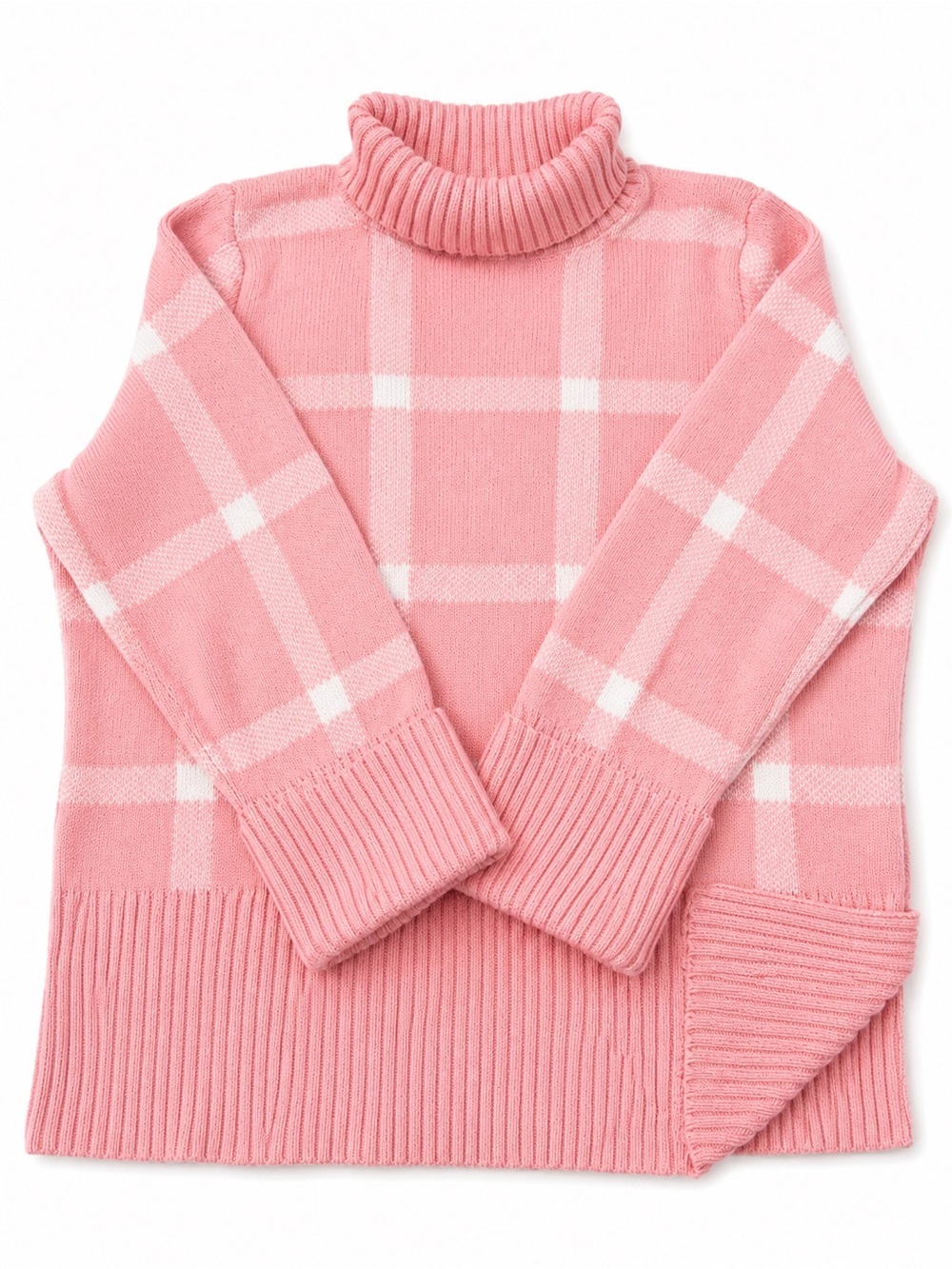 Cozy Pink Plaid Turtleneck Sweater